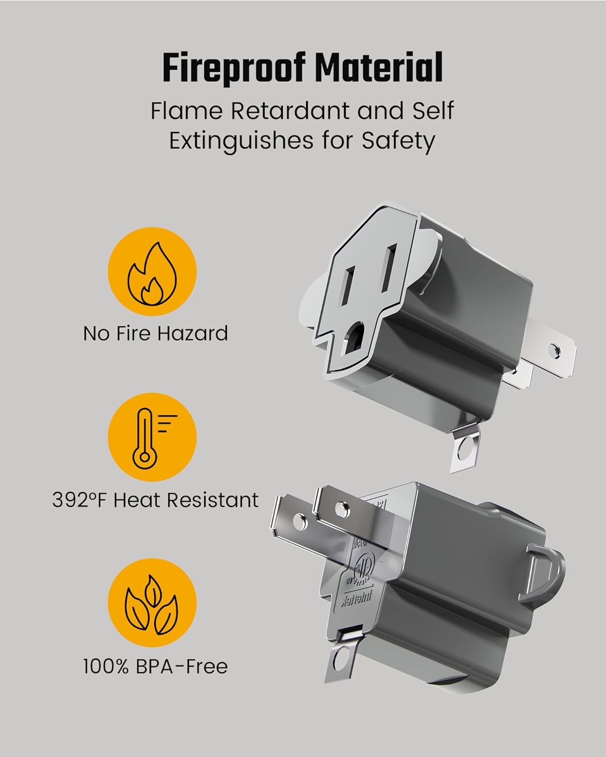2 Prong to 3 Prong Outlet Adapter, ETL Listed 3-2 Prong Adapter, Fire-Retardant (392℉) PBT Material, Heavy Duty Wall Plug Adapter for Old Homes, Travel to Japan, and Industrial Use, Gray 4-Pack - Image 4