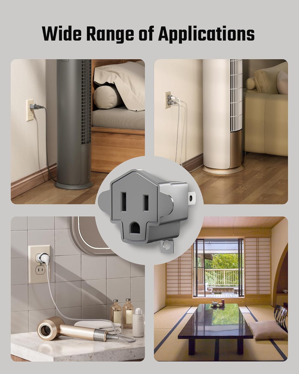 2 Prong to 3 Prong Outlet Adapter, ETL Listed 3-2 Prong Adapter, Fire-Retardant (392℉) PBT Material, Heavy Duty Wall Plug Adapter for Old Homes, Travel to Japan, and Industrial Use, Gray 4-Pack - Image 8